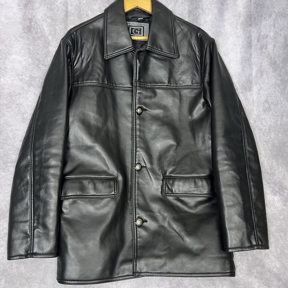 GE Mens Black Faux Leather Long‎ Sleeve Button Up Jacket Size Approx Large
